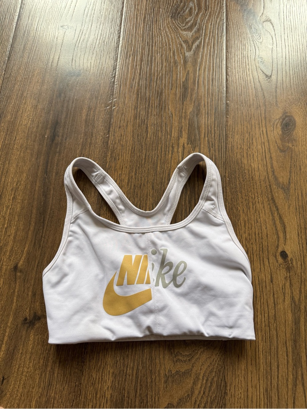 Nike White and Gold Racerback Sports Bra‎